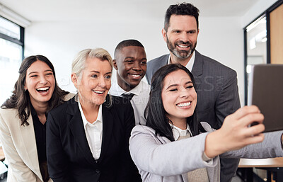 Buy stock photo Selfie, teamwork and tablet with business people in office for social media, networking and friends. Collaboration, happy and solidarity with employee for diversity, team building and partnership