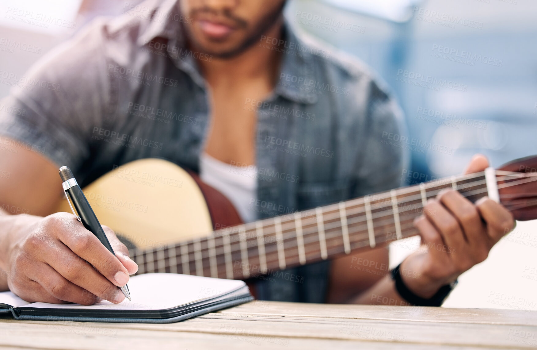 Buy stock photo Man, guitar and writing in studio for music with notebook, natural talent and planning lyrics for song. Musician, string instrument and creative idea for chorus in home with composing for career