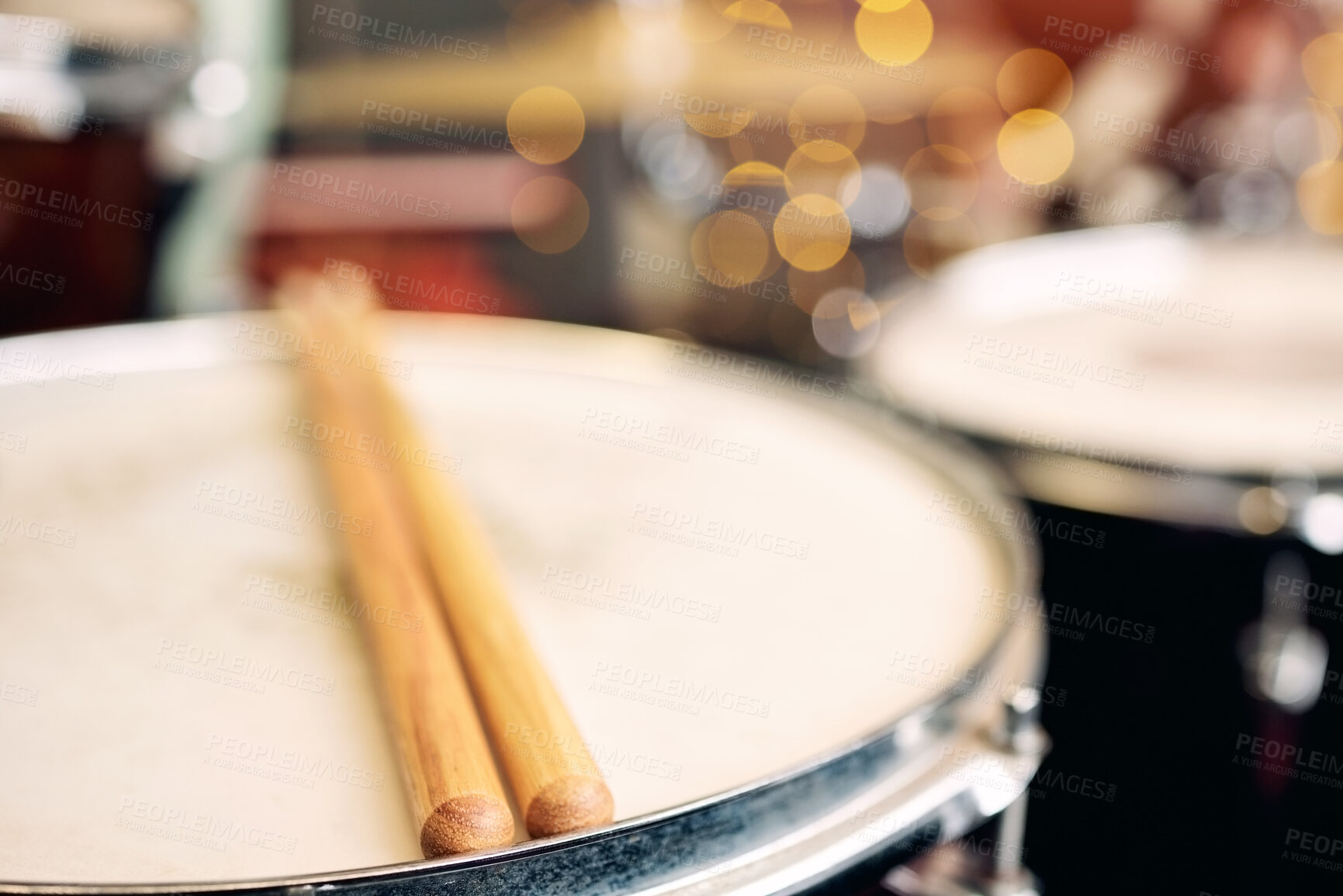 Buy stock photo Closeup shot of a drum set