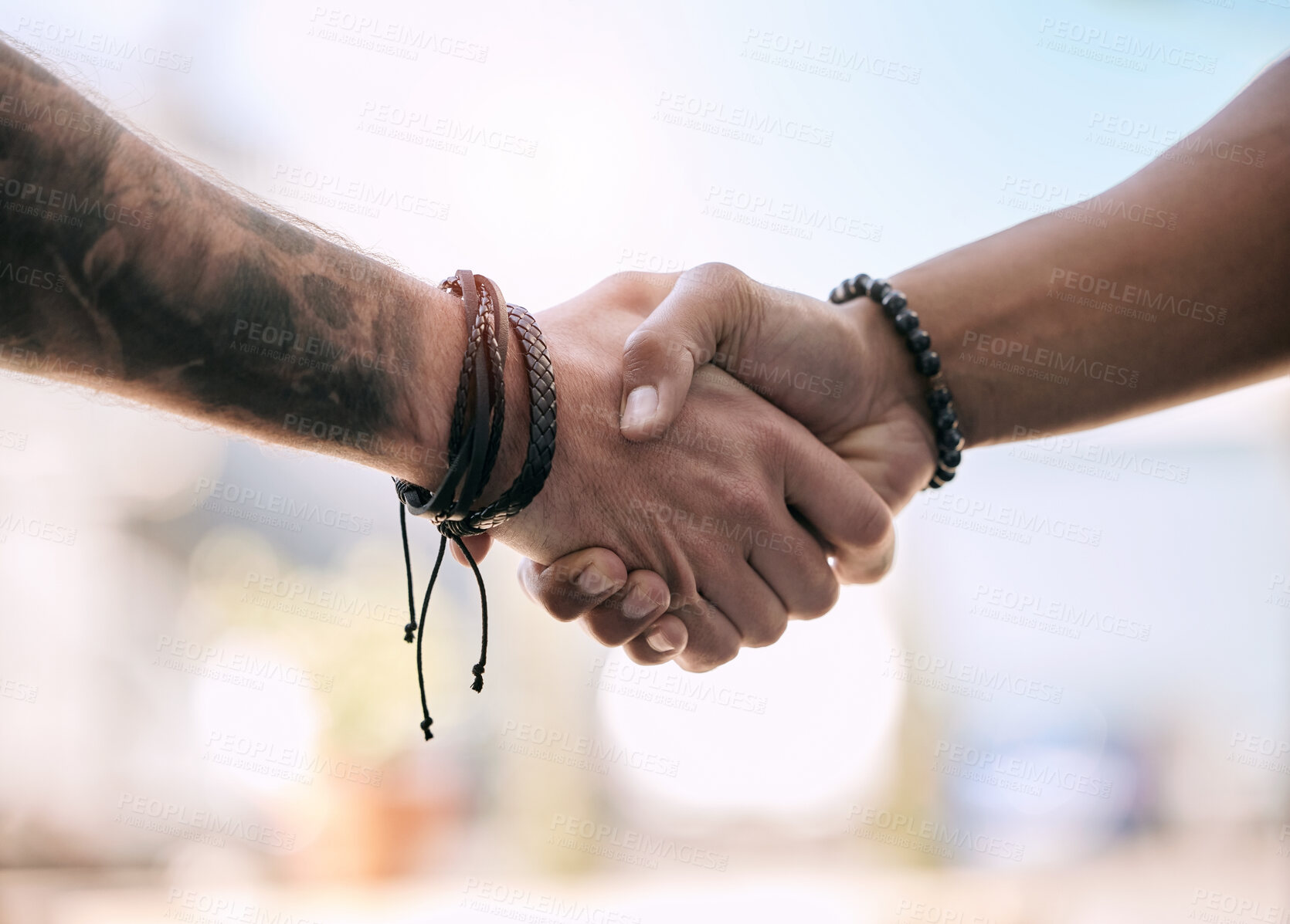 Buy stock photo Man, partner and handshake for deal in outdoor for greeting, meeting and collaboration with trust or unity. People, agreement and shaking hands for welcome or introduction with care or support