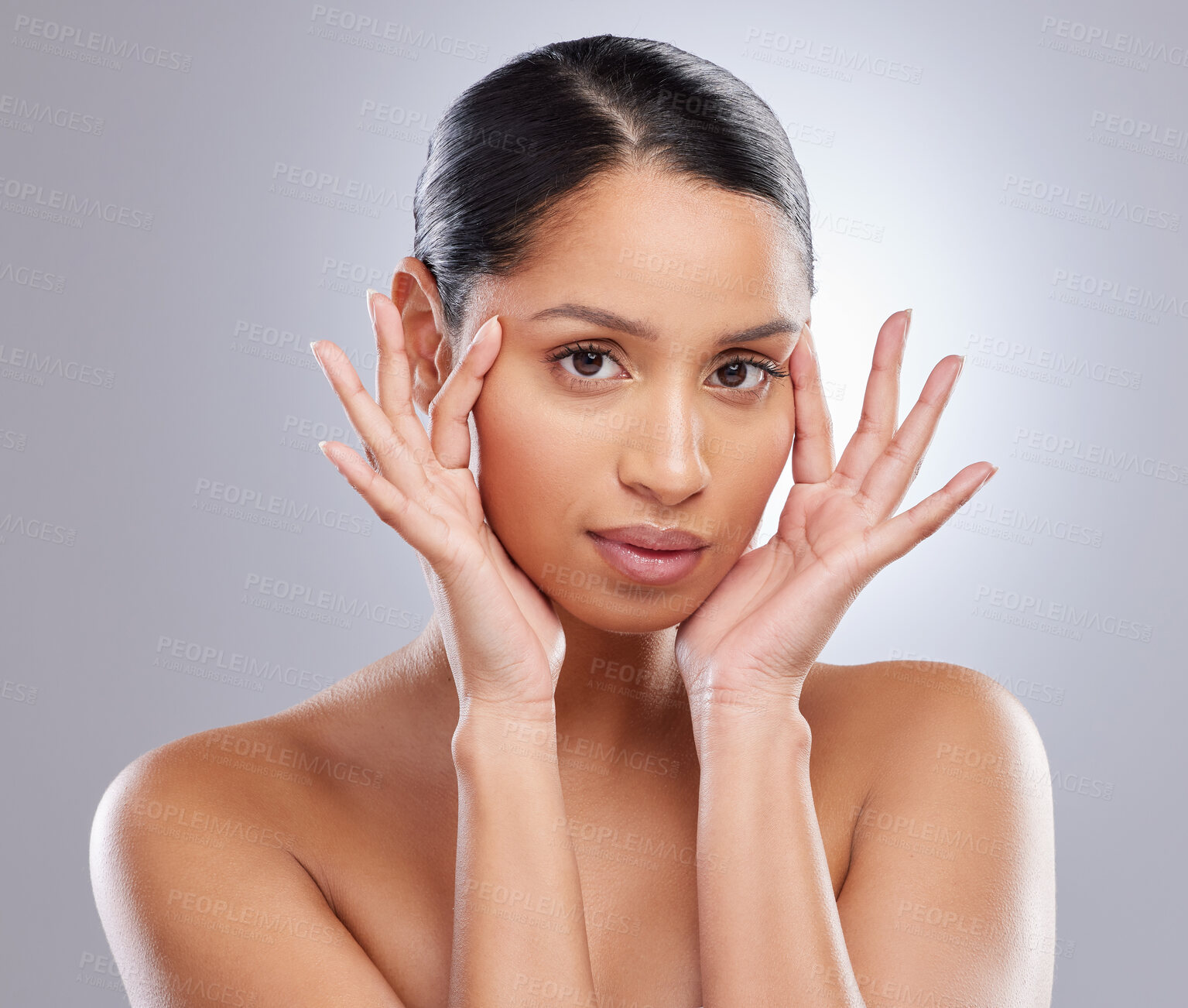 Buy stock photo Woman, portrait and studio for beauty and hands, face and skincare on gray background. Dermatology, body care and glow skin for facial treatment, grooming and hygiene routine for female person