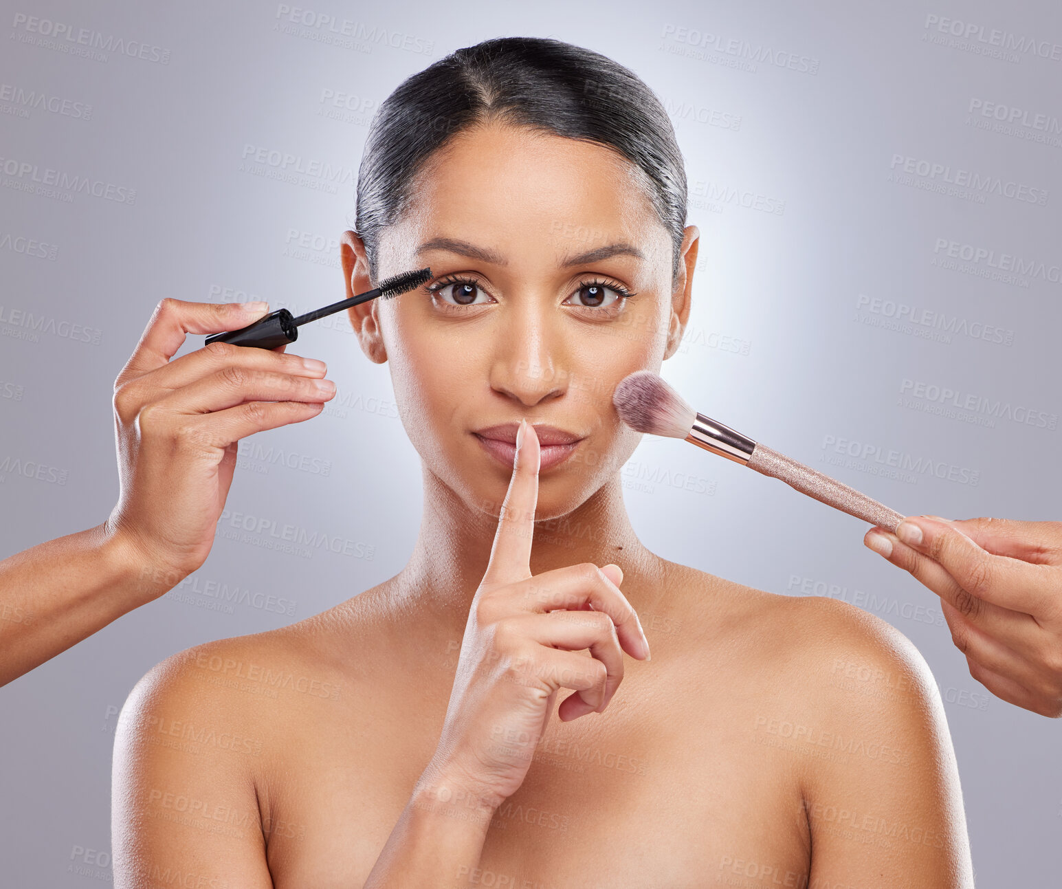 Buy stock photo Woman, makeup brush and studio for beauty, hands and skincare on gray background. Cosmetology, portrait and secret gesture for facial treatment, tools and foundation for application or contour powder