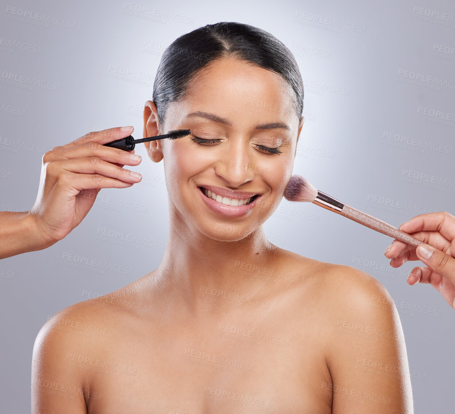 Buy stock photo Woman, makeup brush and studio for beauty, hands and cosmetics on gray background. Cosmetology, smile and mascara for facial treatment, tools and foundation for application or contour powder