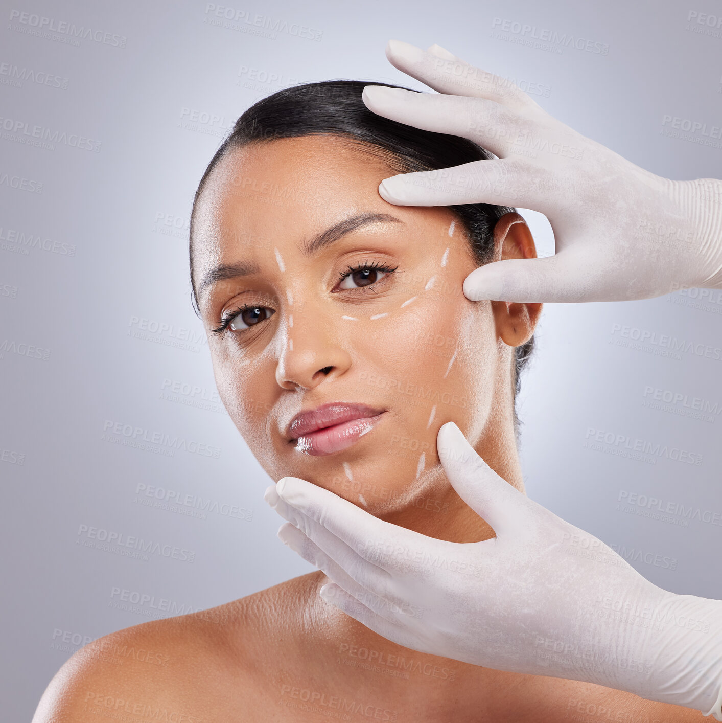 Buy stock photo Plastic surgery, hands and woman in studio with face, line and facelift on white background. Beauty, cosmetic and medical treatment for selfcare, filler and skincare with portrait for female model
