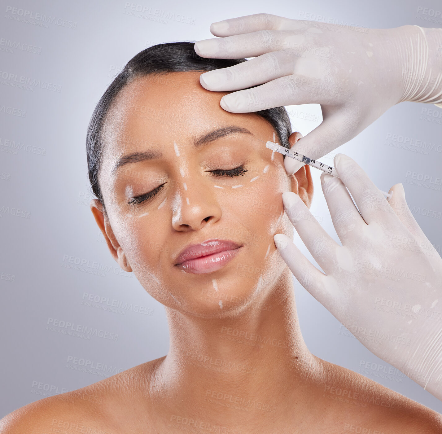 Buy stock photo Beauty, aesthetics and botox with woman and injection for plastic surgery, dermatology and skincare. Pattern, filler and medical with model and syringe on grey background for collagen and cosmetics