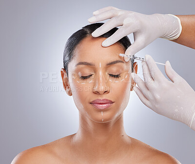 Buy stock photo Plastic surgery, face and botox with woman and injection for aesthetic, dermatology and beauty. Pattern, filler and medical with model and syringe on grey background for collagen and cosmetics