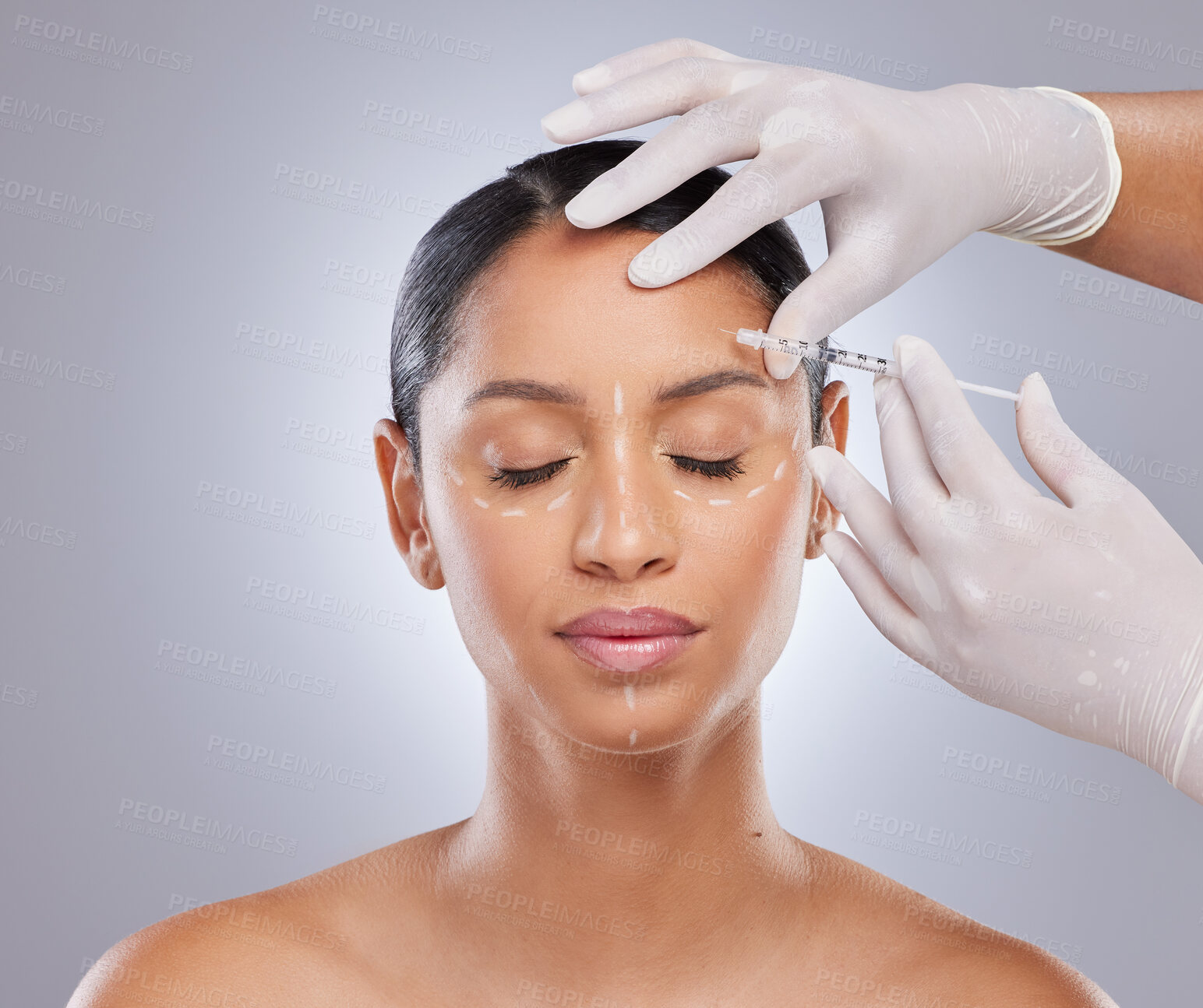 Buy stock photo Plastic surgery, face and change with woman and injection for aesthetic, dermatology and beauty. Pattern, filler and medical with model and syringe on grey background for collagen and cosmetics