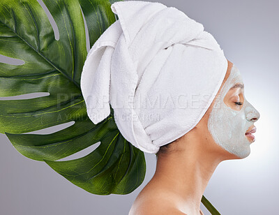 Buy stock photo Leaf, woman and face mask for skincare, profile and facial treatment on white background. Beauty, natural or organic for female person, smile and cosmetic for dermatology detox and exfoliate product