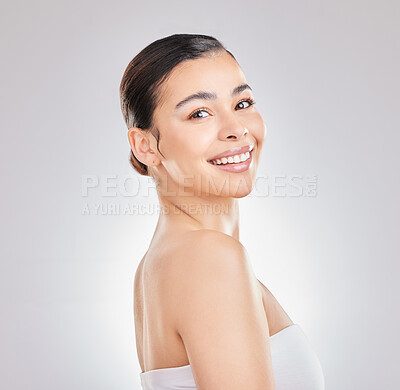 Buy stock photo Woman, portrait and smile for wellness, beauty and health in studio with natural skin glow or shine. Girl, face and happy for self care, aesthetic and facial transformation on white background