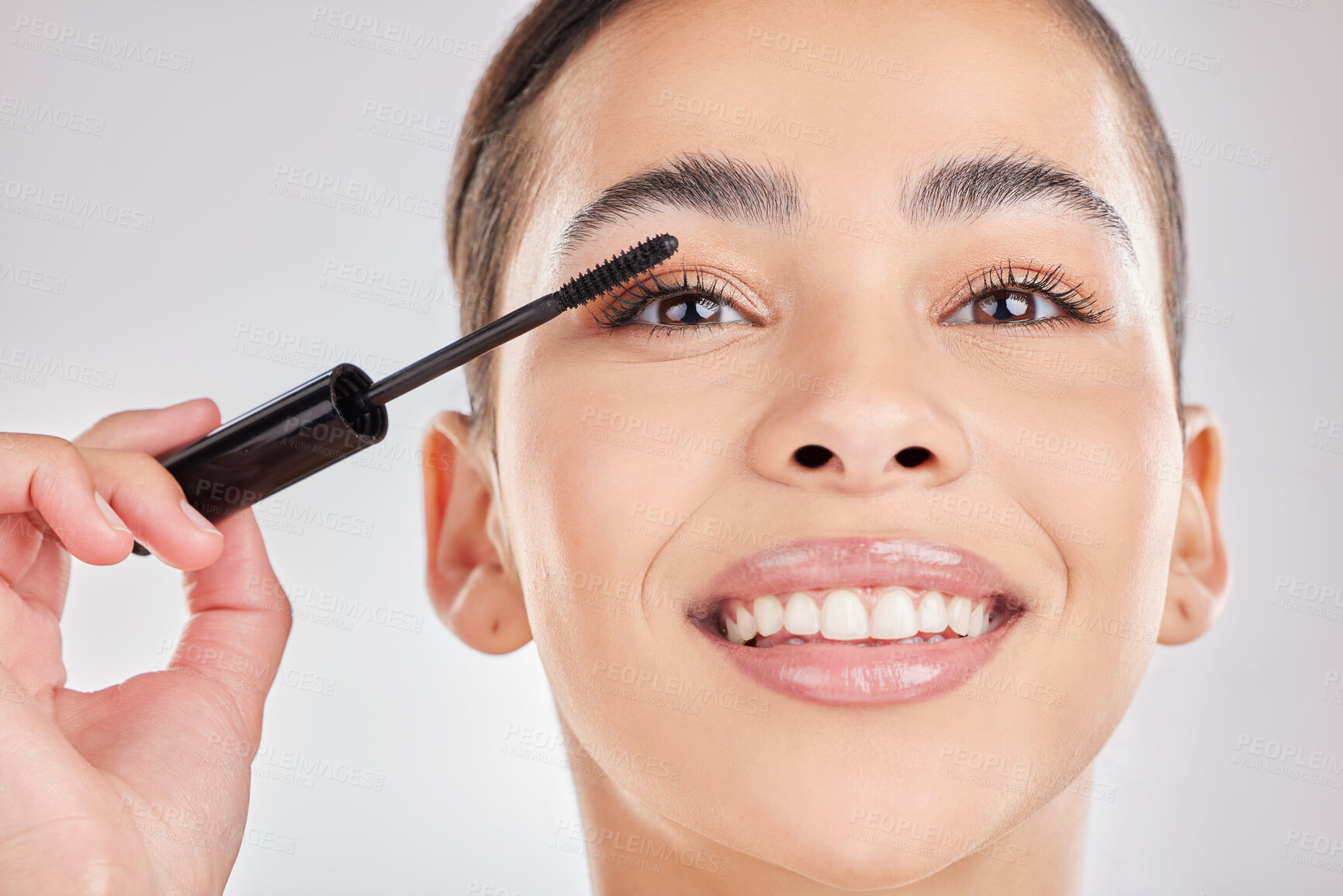 Buy stock photo Woman, portrait and mascara makeup or cosmetic product on white background, beauty or makeover. Female person, face and wand tool for application in studio or skincare, transformation or eyelashes