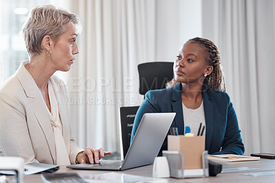 Buy stock photo Businesswomen, laptop and meeting in office for review, employment or feedback as employees in hr management. Female people, technology and process for onboarding, promotion or staff in consultation