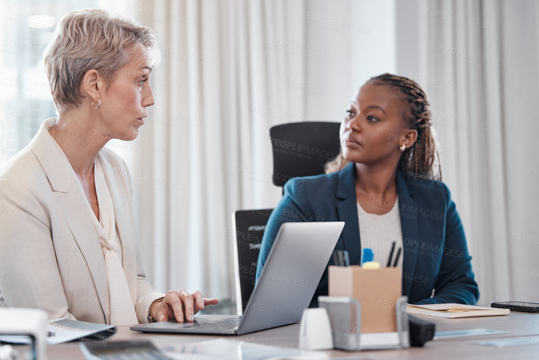 Buy stock photo Businesswomen, laptop and meeting in office for review, employment or feedback as employees in hr management. Female people, technology and process for onboarding, promotion or staff in consultation