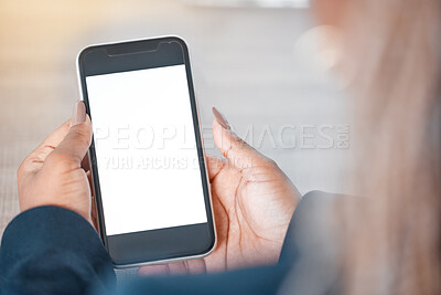 Buy stock photo Woman, hands and cellphone screen for business, communication and networking in office with mockup space. African female person, technology and mobile for social media, marketing and contact ui