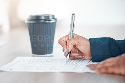 Buy stock photo Hands, pen and writing in checklist, survey and application on table or desk at office. Person, signature and business contract or form for documentation, paperwork and feedback at workplace