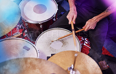 Buy stock photo Drummer, rock and man hands at music festival, show and playing electric instrument for band. Sound check, musician and drums for party or talent show, audio and punk event with person in home studio