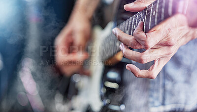 Buy stock photo Guitar, stage and man hands at music festival show playing rock with electric instrument with lights. Sound, musician and party with live talent and audio for punk event with people at a concert