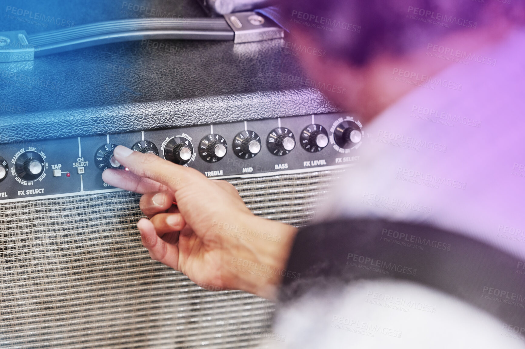 Buy stock photo Hand, person and volume on amplifier for music in concert, performance and equipment in studio. Sound engineer, speaker and producer with amp on stage for dj or technician for instrument enhancing