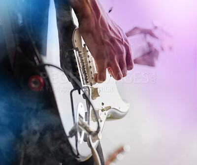 Buy stock photo Guitar, studio and man hands at music festival show playing rock with electric instrument with mockup. Sound, musician and party with live talent and audio for punk event with people at a concert