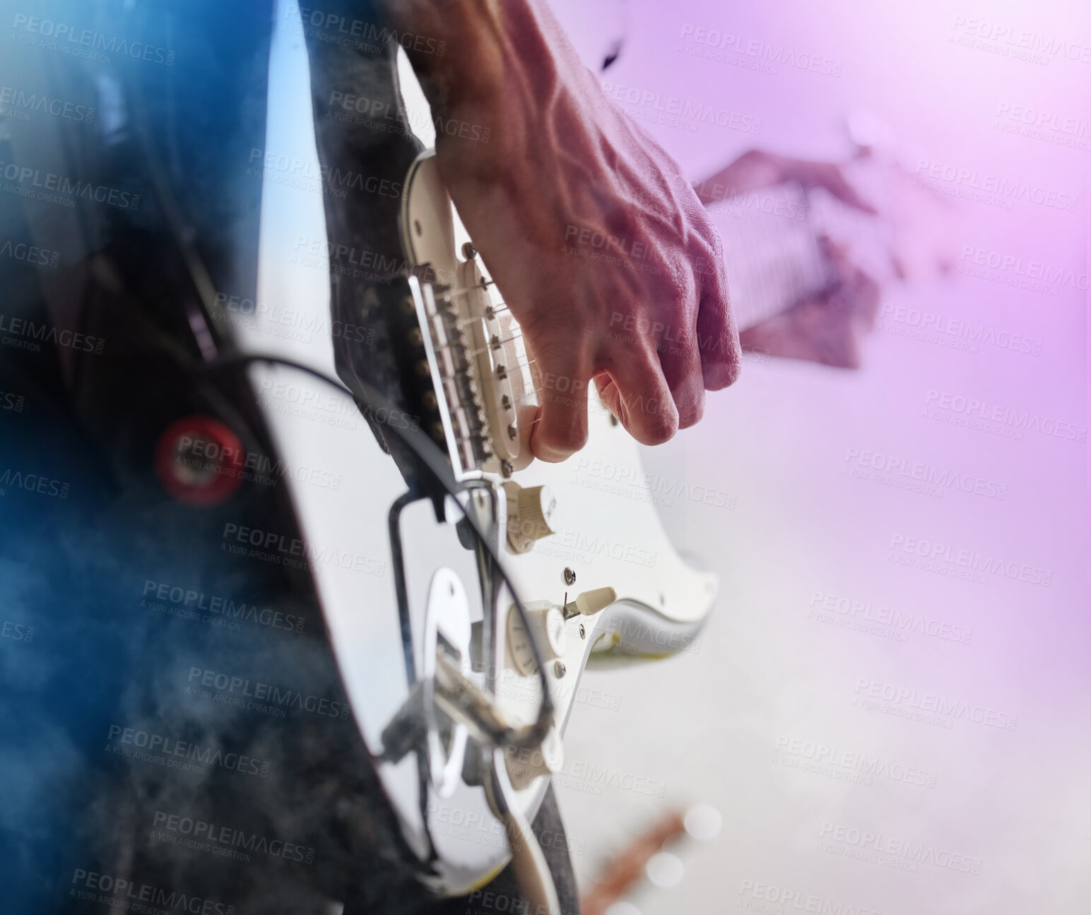 Buy stock photo Guitar, studio and man hands at music festival show playing rock with electric instrument with mockup. Sound, musician and party with live talent and audio for punk event with people at a concert