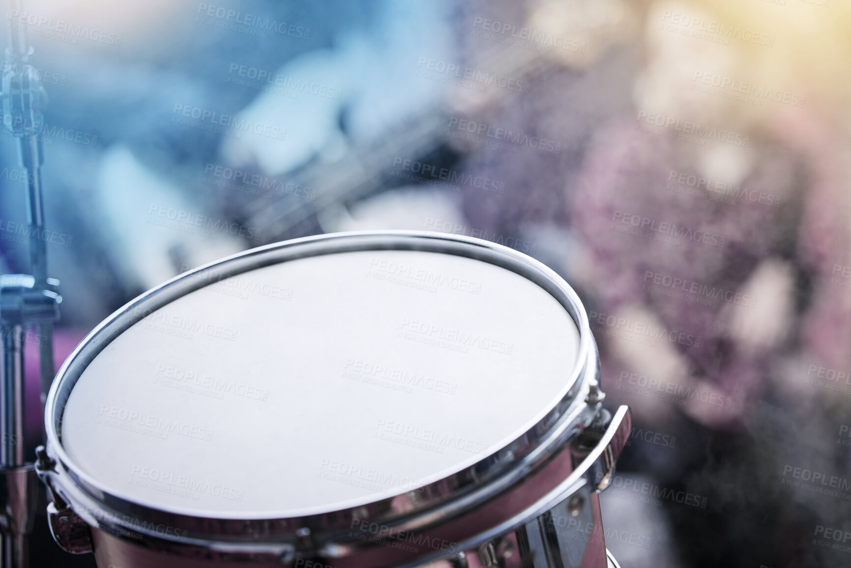 Buy stock photo Closeup, drum and concert in music studio  for performance, recording and live show on stage. Percussion, musicians and band members with instruments at event, party and talent for entertainment