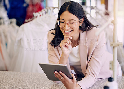Buy stock photo Tablet, happy woman and fashion designer thinking of idea for clothes in store, dream or reading at retail startup. Vision, tailor or creative worker planning with tech at boutique for inspiration