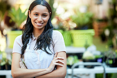Buy stock photo Arms crossed, pride and portrait of woman in a garden or nursery as a business owner or employee. Smile, plant expert and a worker at an ecology shop in a park with mockup space for retail or service