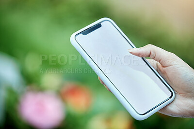 Buy stock photo Hand, space on screen and phone with person outdoor in garden for summer communication or network. App, contact  and display mockup on mobile for advertising, marketing or text message in green park