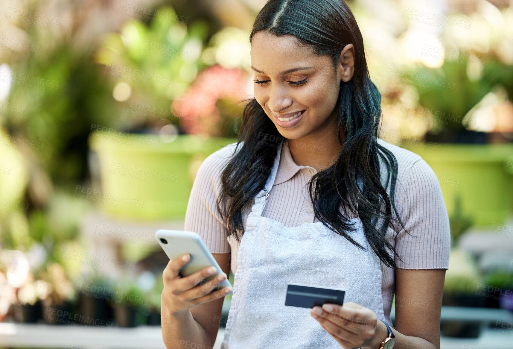 Buy stock photo Woman phone, credit card and business owner with ecommerce, online shopping and digital payment. Outdoor, banking app and female employee with a smile with mobile connectivity on web for purchase 