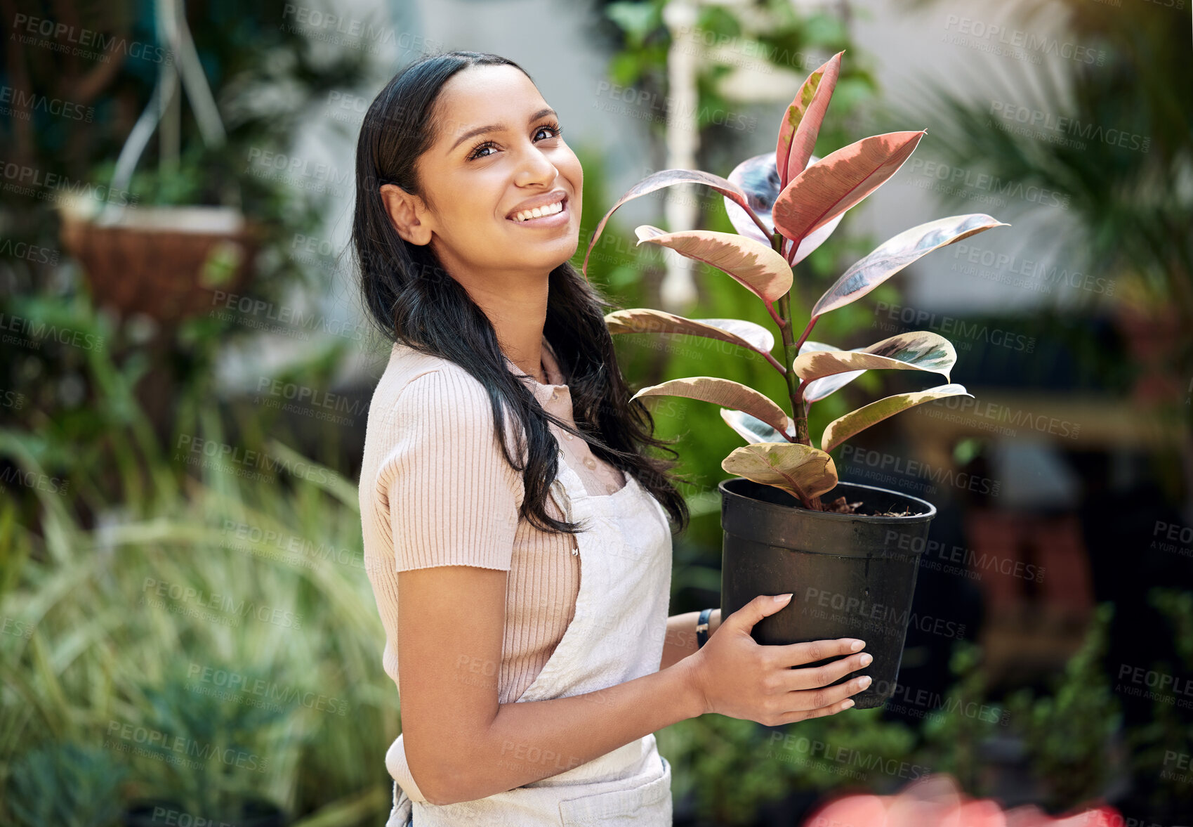 Buy stock photo Woman, home and happy in garden with plant for nature, environment and ecology. Agriculture, crop and smile in outdoor with thinking for hobby, memories and enjoy as routine  for sustainability