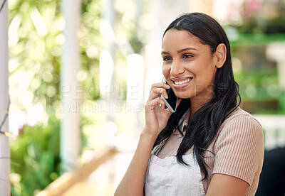 Buy stock photo Waitress, phone call and woman for delivery, barista and online food service or cafe. Coffee shop, small business and happy employee, restaurant and manager on smartphone in discussion for logistics