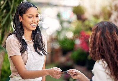 Buy stock photo Woman waiter, credit card and store payment at coffee shop with barista and smile outdoor. Purchase, working and shopping with customer service and a female retail worker with happiness from cafe pay