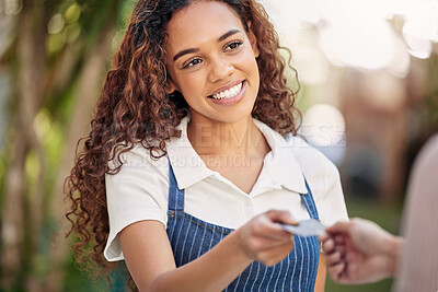 Buy stock photo Woman waiter, credit card help and payment at a coffee shop with barista and smile outdoor. Purchase, working and shopping with customer service and a female retail worker with happiness from cafe 