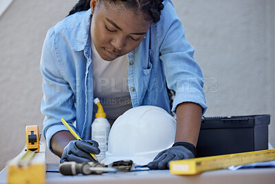 Buy stock photo Black woman, planning or workshop for diy project, business or woodwork in manufacturing, design or building. Female builder, construction or tools on table, repair or renovation, plank or material