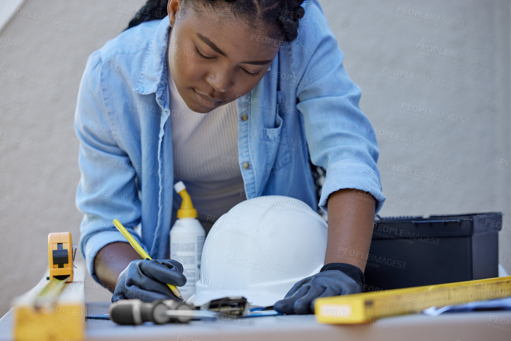 Buy stock photo Black woman, planning or workshop for diy project, business or woodwork in manufacturing, design or building. Female builder, construction or tools on table, repair or renovation, plank or material