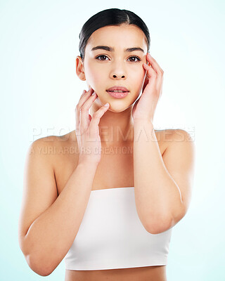 Buy stock photo Portrait, skincare and confident woman in studio isolated on a white background. Face, natural beauty and female model with makeup, cosmetics or facial treatment, healthy skin or aesthetic wellness
