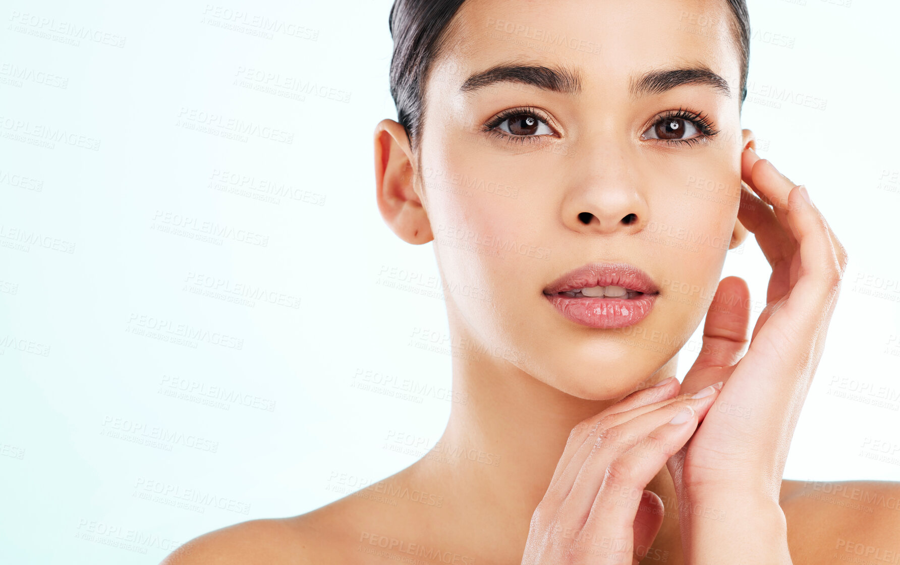 Buy stock photo Face, skincare and beauty of woman in studio isolated on a white background mockup. Portrait, natural and serious female model with makeup, cosmetics and facial dermatology, healthy skin and wellness