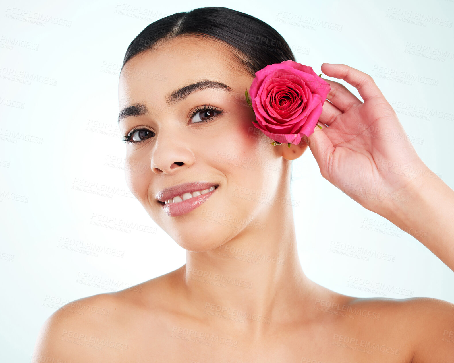 Buy stock photo Girl, portrait and rose for natural cosmetics in studio, eco friendly skincare and white background. Female person, beauty and sustainable for plant based treatment, dermatology and organic makeup