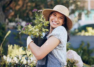 Buy stock photo Flower, outdoor garden and portrait of woman with plant for environment, sustainability or ecology. Nature, happiness and female person for green nursery, agriculture or landscaping in backyard