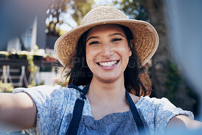 Buy stock photo Happy, woman and florist taking selfie with smile for earth day outdoors in garden. Portrait of female person or farmer with straw hat and excited for sustainable, eco friendly small business