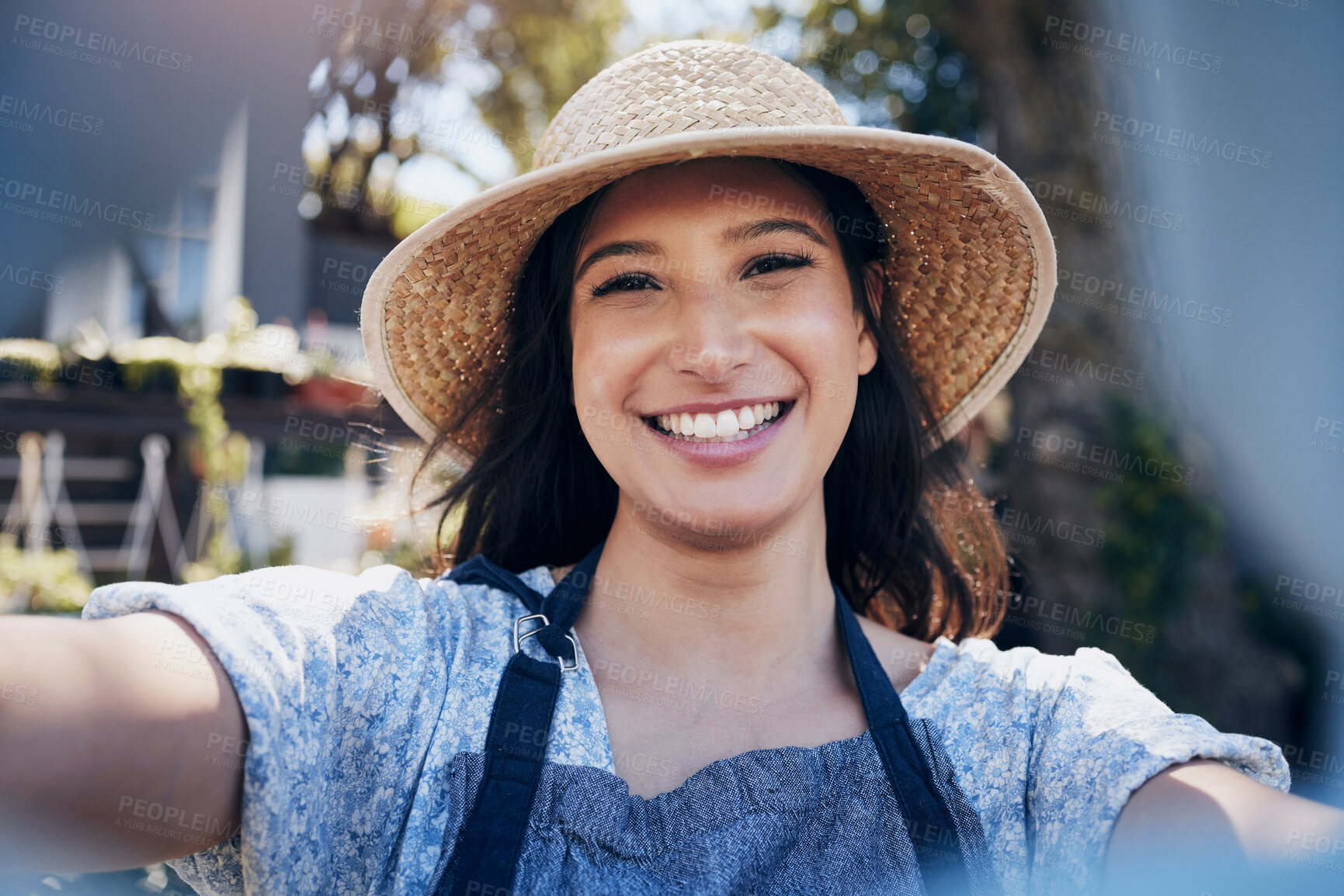 Buy stock photo Happy, woman and florist taking selfie with smile for earth day outdoors in garden. Portrait of female person or farmer with straw hat and excited for sustainable, eco friendly small business