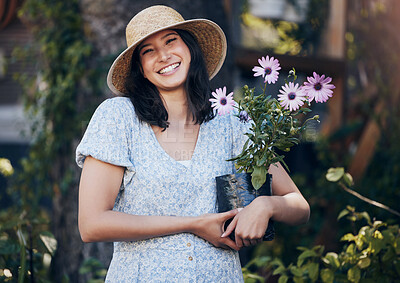 Buy stock photo Portrait, happy woman and holding plant in outdoor garden for environment, sustainability or ecology. Nature, smile and person with flowers for green nursery, agriculture or landscaping in backyard