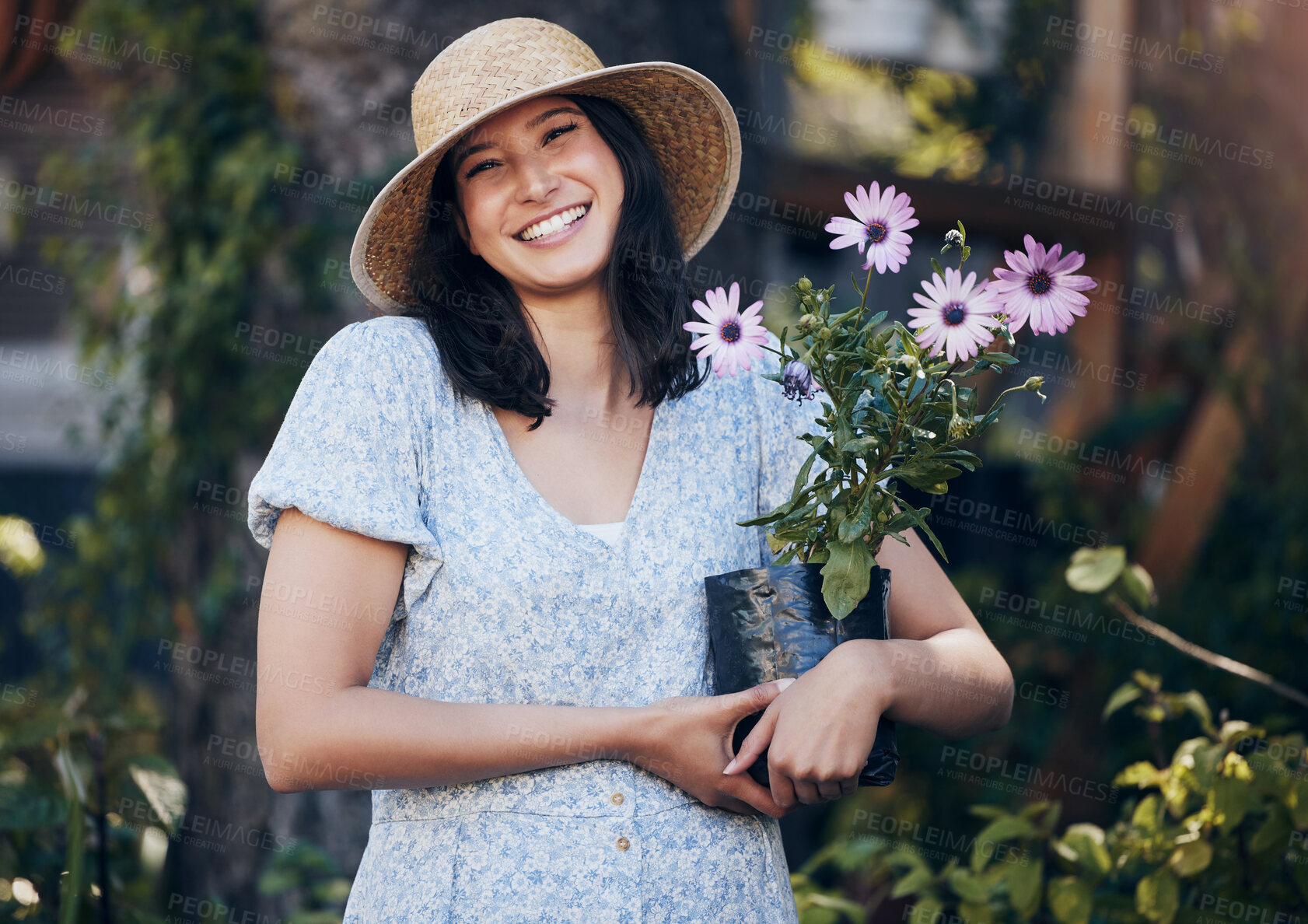 Buy stock photo Portrait, happy woman and holding plant in outdoor garden for environment, sustainability or ecology. Nature, smile and person with flowers for green nursery, agriculture or landscaping in backyard