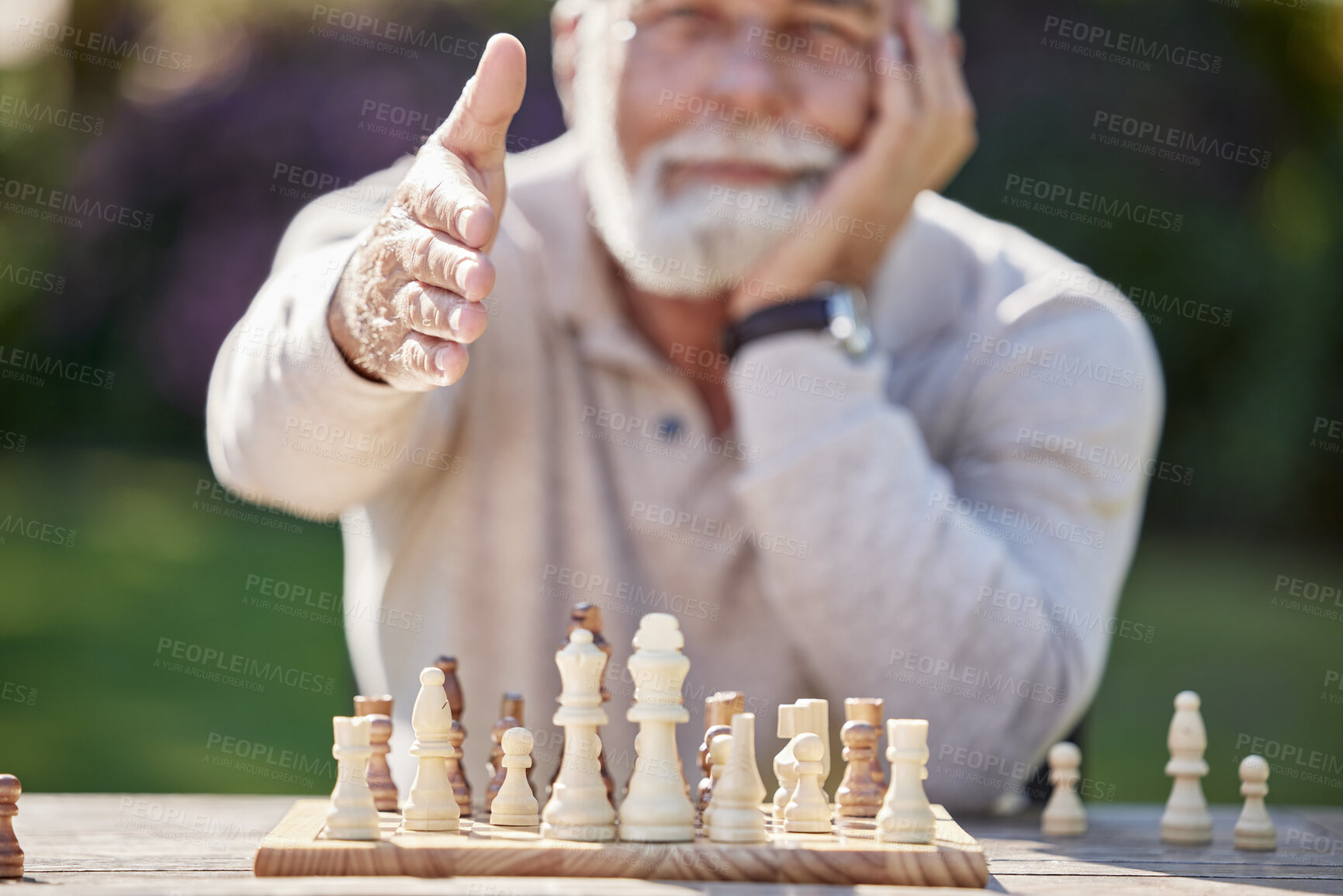 Buy stock photo Senior man, chess and handshake for welcome to game, agreement for strategy in nature. Male person, shaking hands and thank you in outdoor, deal or challenge with friendly player in competition