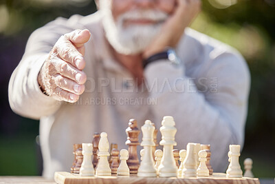 Buy stock photo Senior man, chess and handshake offer in outdoor, introduction and game challenge in retirement. Person, greeting and garden for hello in backyard, tournament and nature for competition or contest