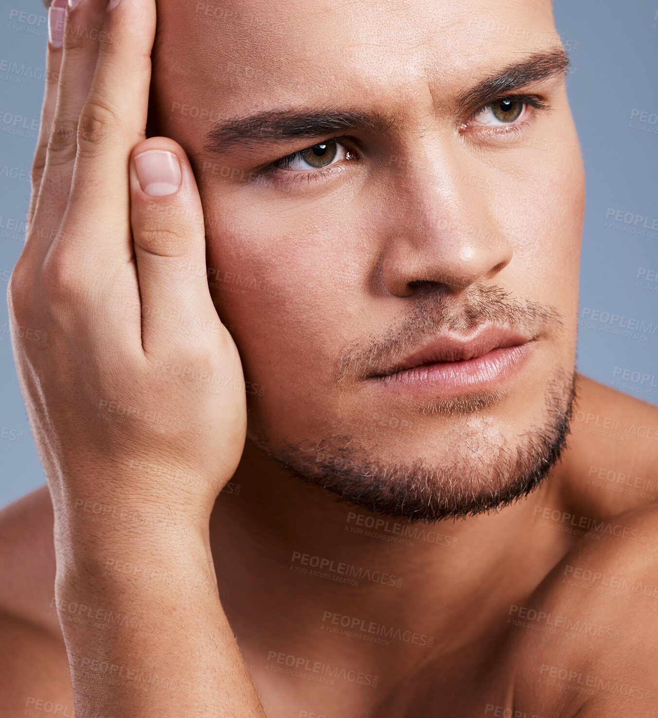 Buy stock photo Cropped shot of a man posing against a grey background