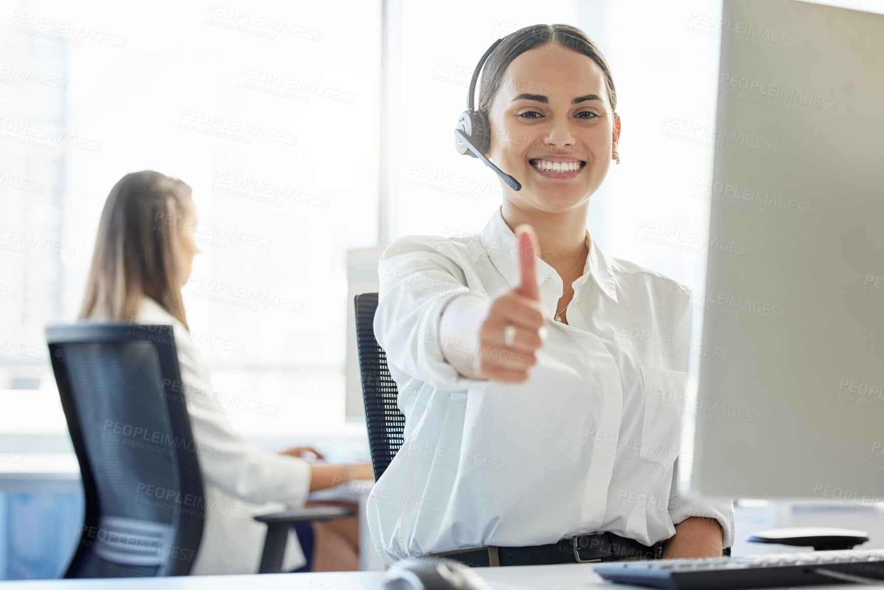 Buy stock photo Portrait, call center and woman with thumbs up in office for communication, customer service or CRM. Headset, contact us and consultant at desk for counselling, immigration support or legal advice