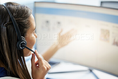 Buy stock photo Woman, computer and headset with screen in call center office for telemarketing, consulting and help. Customer service, conversation or helpful crm or tech support agent for online contact in company