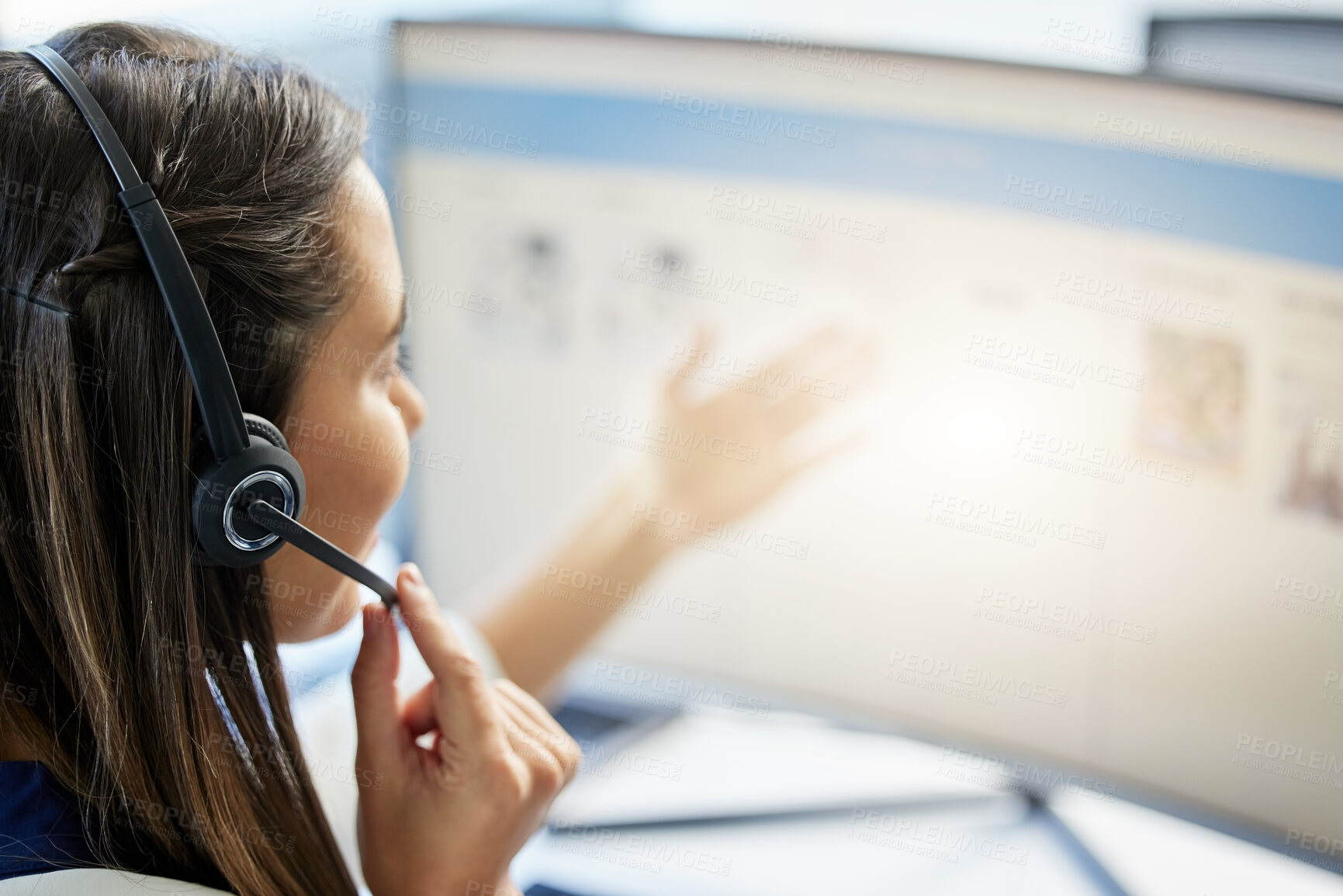 Buy stock photo Woman, computer and headset with screen in call center office for telemarketing, consulting and help. Customer service, conversation or helpful crm or tech support agent for online contact in company