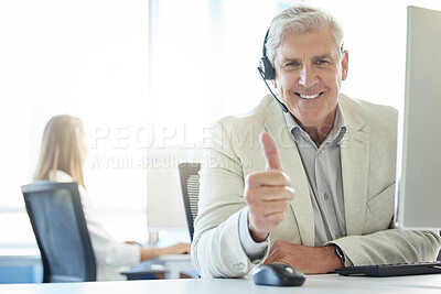 Buy stock photo Thumbs up, call center and mature man with portrait for communication, customer service or CRM. Thank you, contact us and happy consultant at desk for counselling, immigration support or legal advice