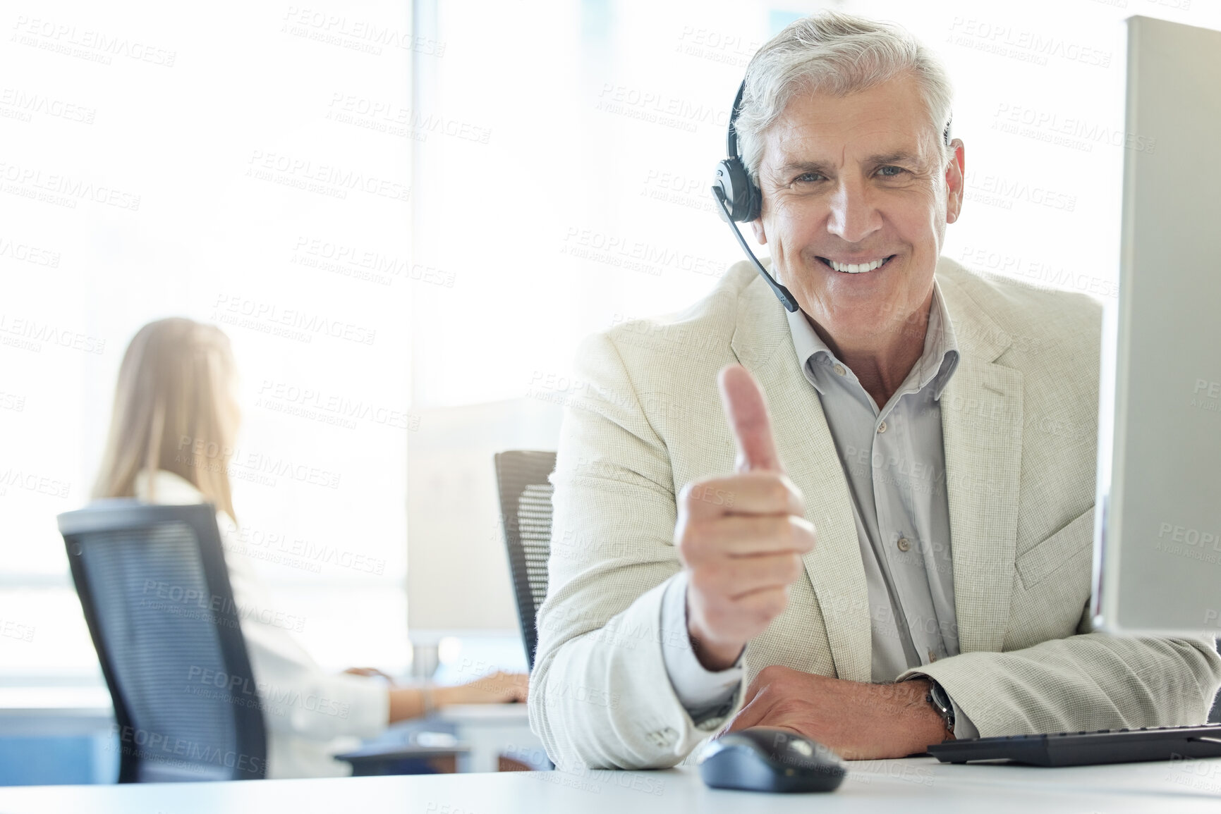 Buy stock photo Thumbs up, call center and mature man with portrait for communication, customer service or CRM. Thank you, contact us and happy consultant at desk for counselling, immigration support or legal advice